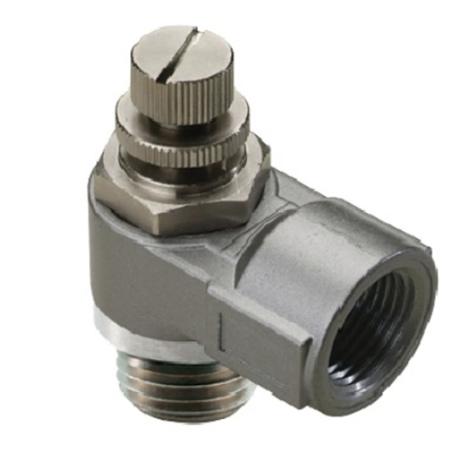 10KA01818, Pneufit 10 Push-in fitting, Elbow flow control, Regulating out, G1/8